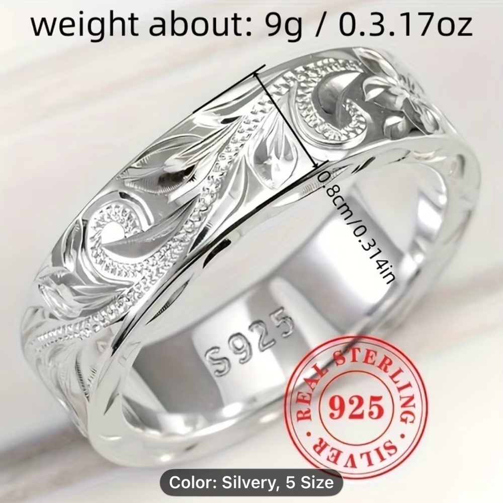 This is a sterling silver carved leaf hand-engraved men ring - Picture 13 of 16